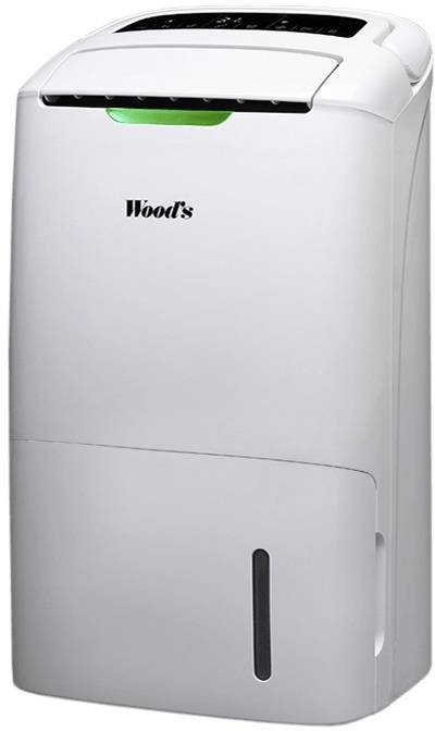 Bijeli razvlaživač zraka marke Wood's s digitalnom kontrolnom pločom na vrhu i spremnikom za vodu na dnu.