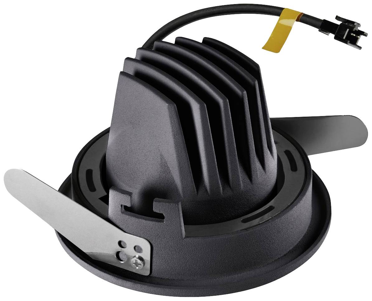 Crni LED downlight nosač s rebrastim hlađenjem i kabelskim priključkom, pogodan za stropnu ugradnju u modernim sustavima rasvjete.