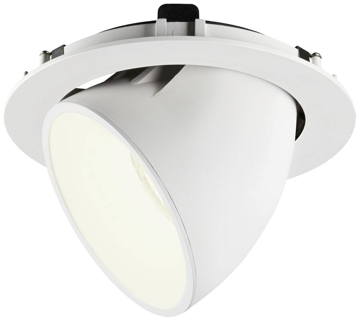 Okrugla, bijela stropna lampa s pomičnim reflektorom za usmjereno osvjetljenje.