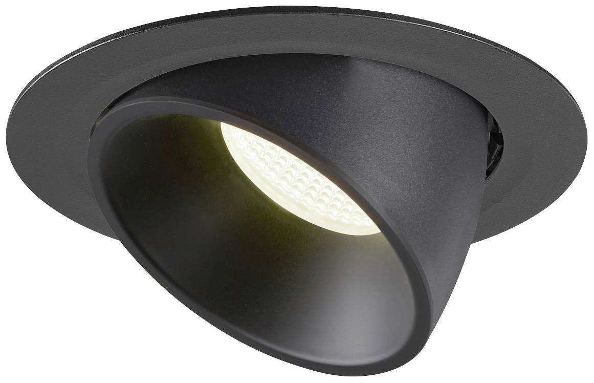 Crni, okrugli ugradbeni reflektor s nagnutom LED svjetlošću, pogodan za ciljano osvjetljenje u modernim unutarnjim prostorima.