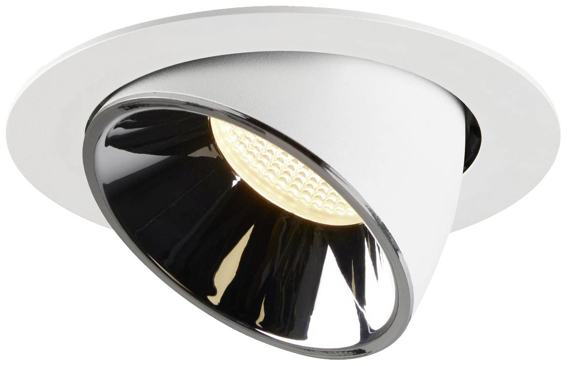 Okrugla ugradbena rasvjeta s bijelim rubom i crnom unutrašnjošću. Centralni element je svijetleća LED lampica.