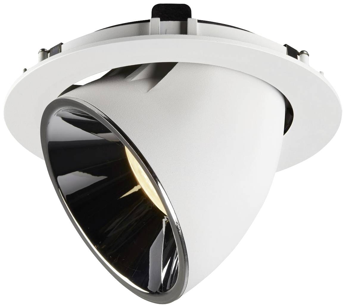 Ugradbeni reflektor bijelog kućišta i sjajne, reflektirajuće unutarnje površine. Reflektor se može zakretati i ciljano osvjetljava okolinu.