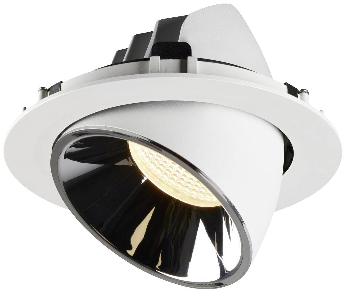 Bijela, okrugla stropna svjetiljka s podesivim LED reflektorom koji osvjetljava prema dolje.