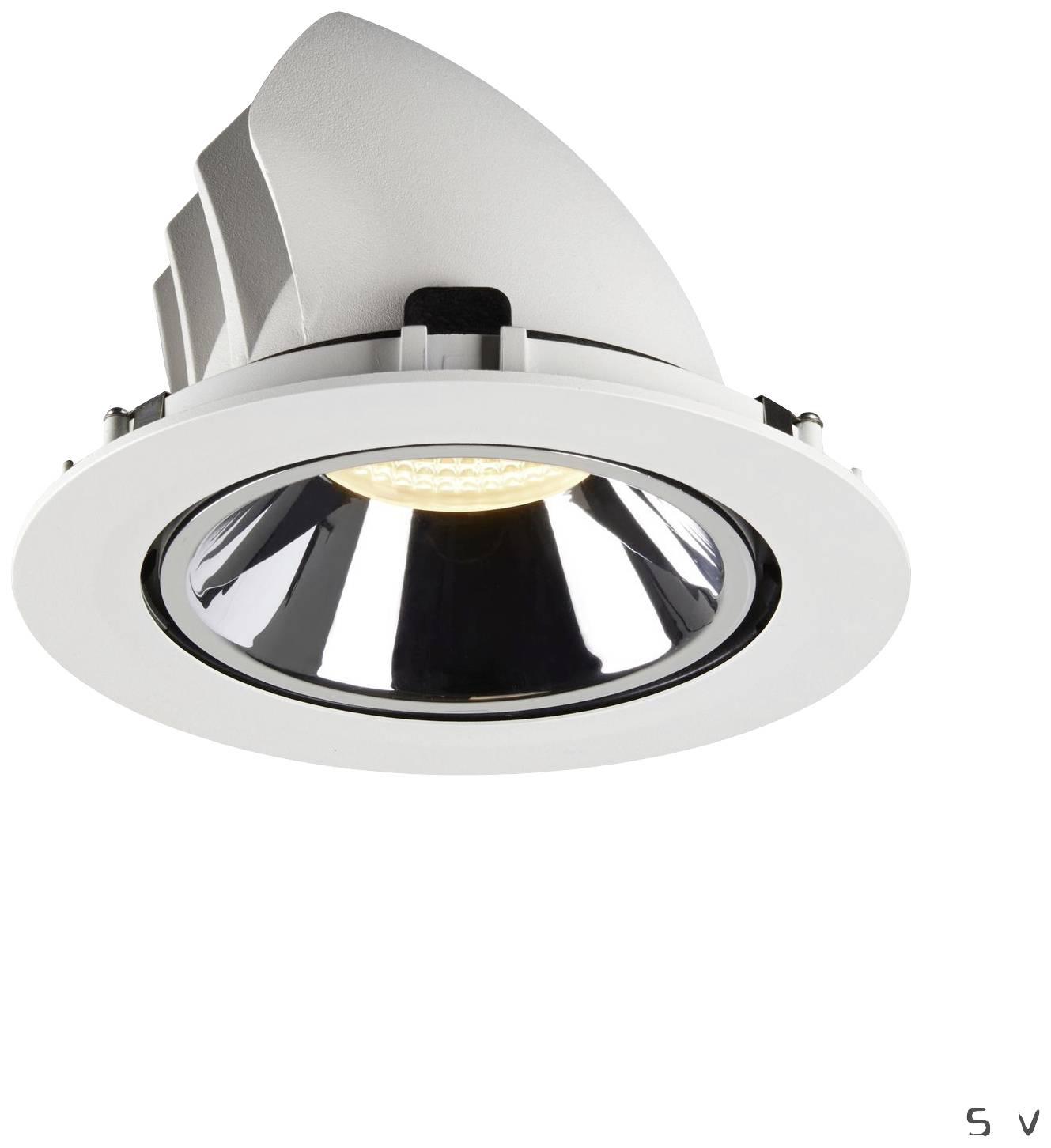 Okrugli LED stropni reflektorski spot sa srebrnim reflektorom i podesivim bijelim kućištem, pogodan za moderno osvjetljenje interijera.