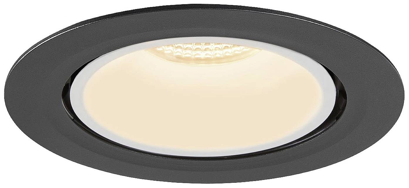Okrugla crna LED stropna svjetiljka, upaljena. Podesna za upotrebu u modernim, energetski učinkovitim stambenim prostorima.
