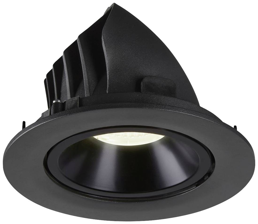 Crna LED downlight rasvjetna tijela sa okruglom pričvrsnicom i rebrastim kućištem za hlađenje, pogodan za ugradnju na strop.
