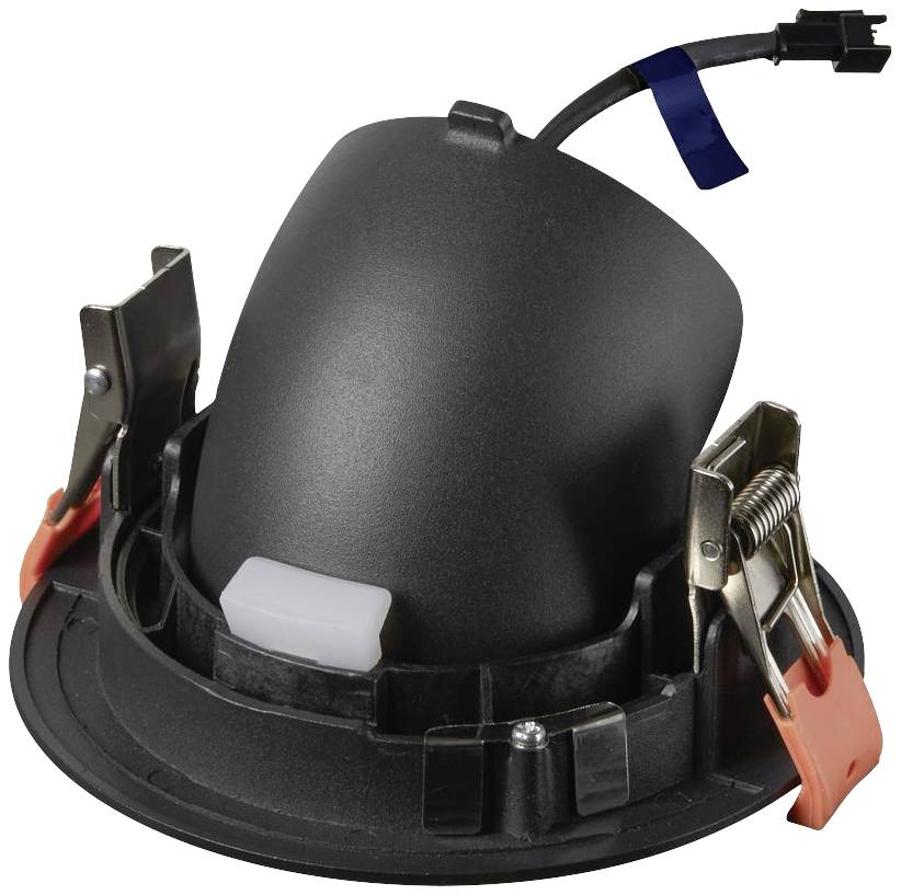 Crni cilindrični zvučnik s narančastim kopčama za učvršćivanje, priključak za kabel na vrhu; pogodan za ugradnju u strop.