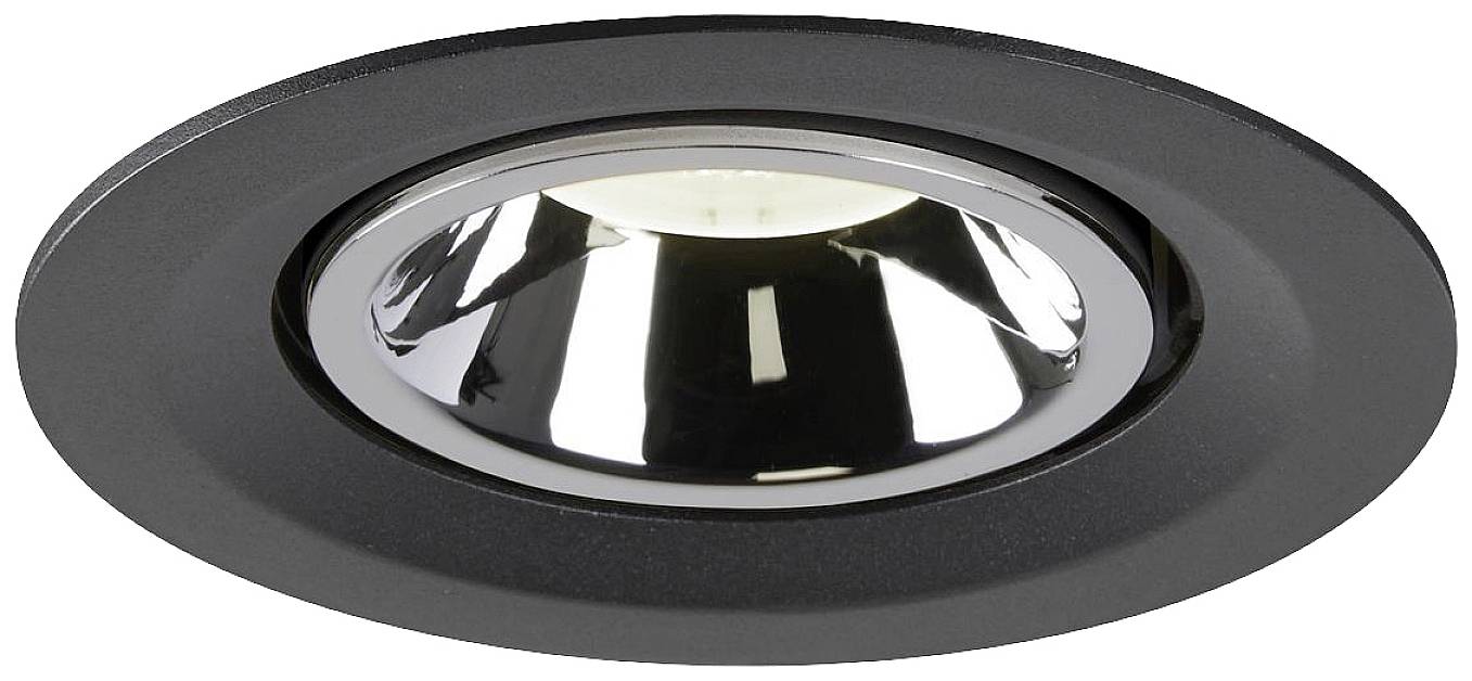 Okrugla, crna stropna svjetiljka s sjajnom, reflektirajućom unutrašnjošću. Namijenjena je ugradnji u stropove.
