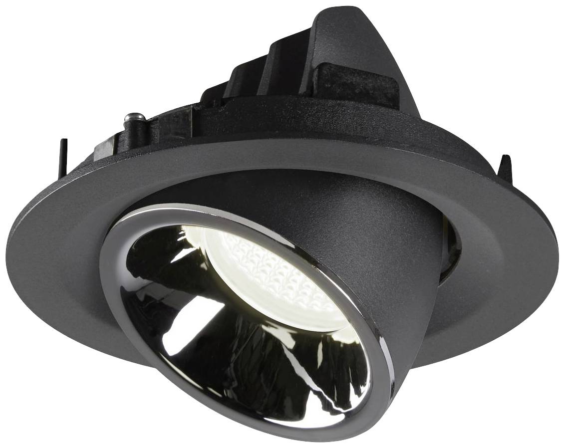 Okrugli crni ugradbeni stropni LED reflektor s okretnom glavom i sjajnom unutarnjom stranom. Pogodan za ciljano osvjetljenje.