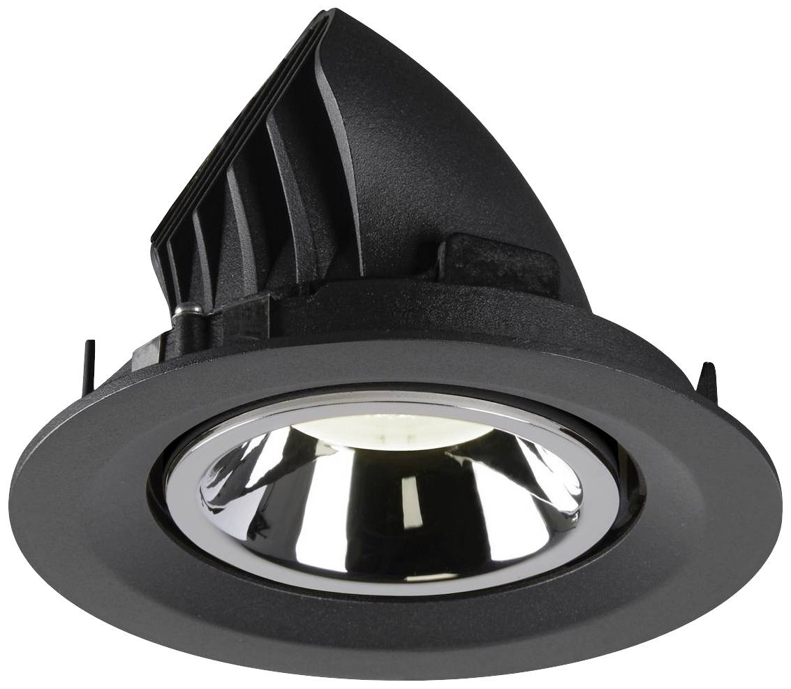 Crni, okrugli stropni reflektor sa sjajnim reflektorom, usmjeren prema dolje. Idealan za ciljano osvjetljenje.