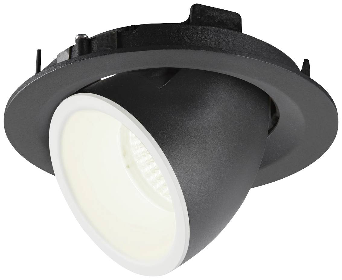 Crna, okrugla ugradbena lampa s okretnim bijelim unutarnjim prstenom. Podesiva za montažu na strop i omogućava precizno osvjetljenje.