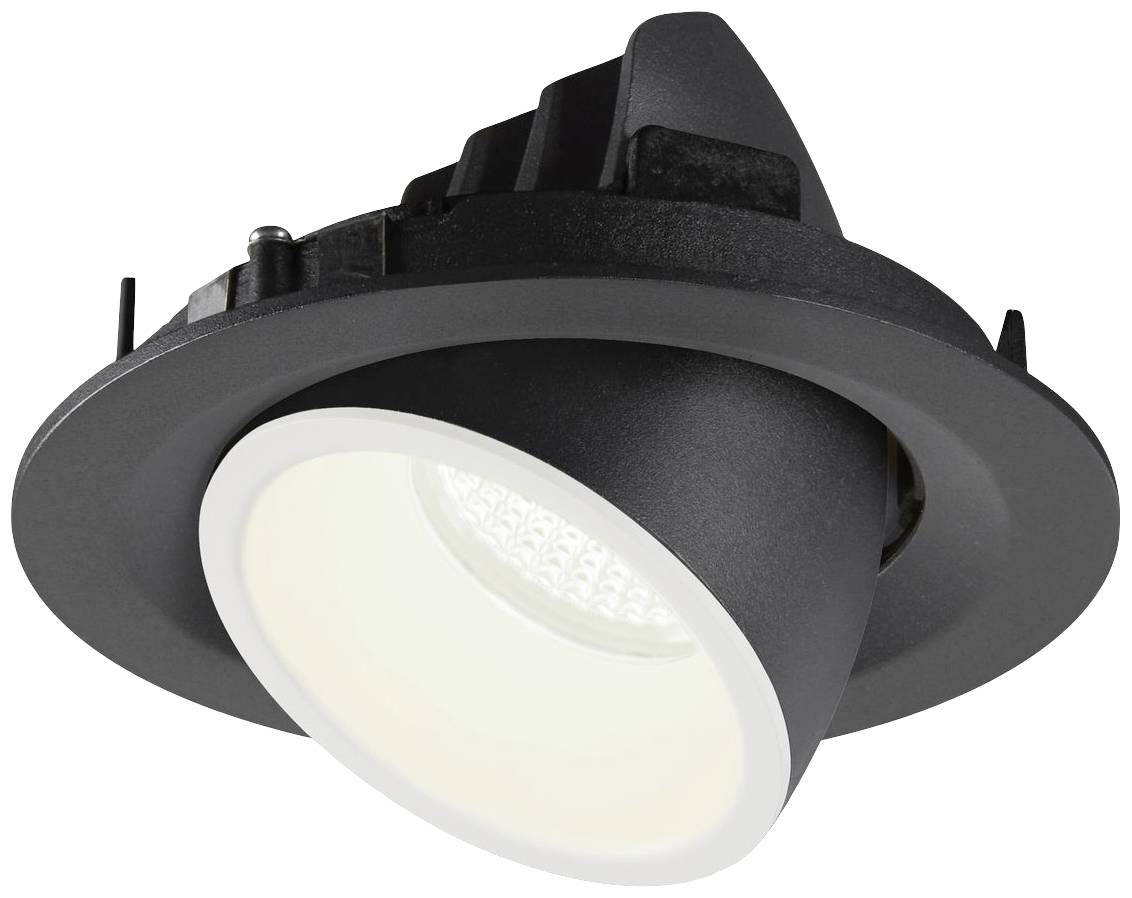 Crni ugradbeni reflektorski reflektor s podesivim kružnim kućištem i bijelom lećom ispred bijele pozadine.