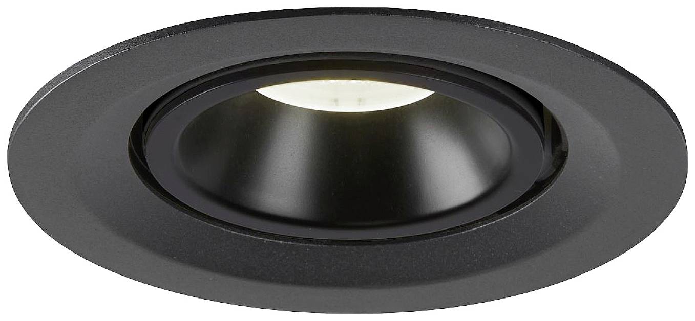 Crni ugradbeni reflektor s okruglim okvirom i žaruljom u sredini, pogodan za stropno osvjetljenje u modernim prostorima.