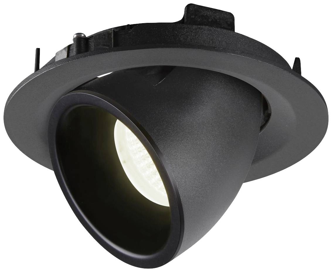 Tamno ugrađeno okruglo spotlight s izbočenim dizajnom, opremljeno svijetlom žaruljom unutar, pogodno za usmjereno osvjetljenje.