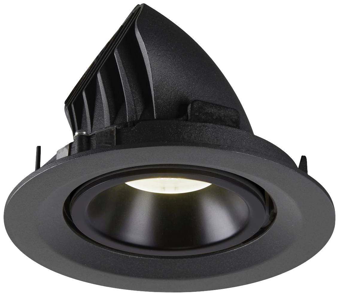 Crni ugradbeni reflektorski reflektor s okruglim okvirom i zakretnom glavom svjetiljke, pogodan za unutarnju rasvjetu.