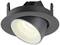 Okrugla crna ugradbena reflektorska svjetiljka emitira toplo bijelo svjetlo. Kut osvjetljenja je podesiv.