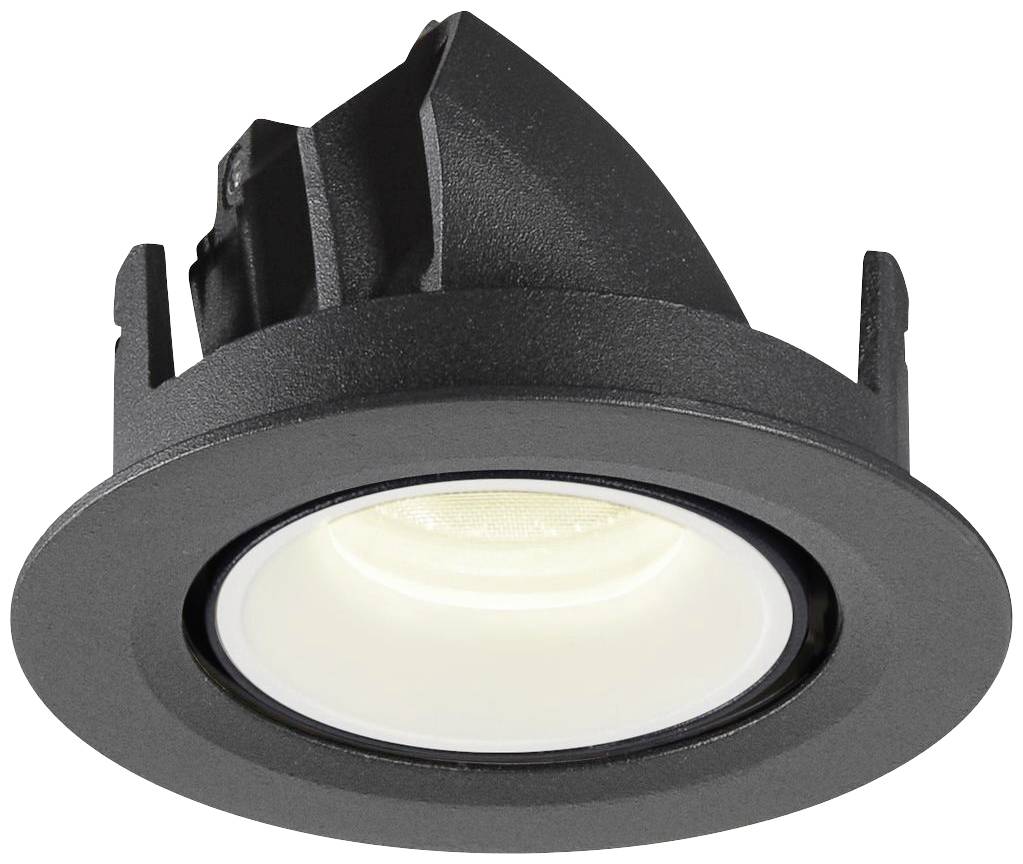 Crni okrugli ugradbeni spot sa bijelim svjetlosnim područjem u sredini. Pogodan za ugradnju u strop.