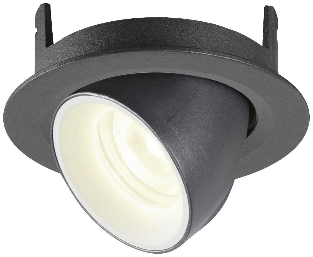 Crni LED stropni reflektor koji se može okretati, s kružnim okvirom, prikazuje svijetleću bijelu žarulju. Idealan za usmjereno osvjetljenje.