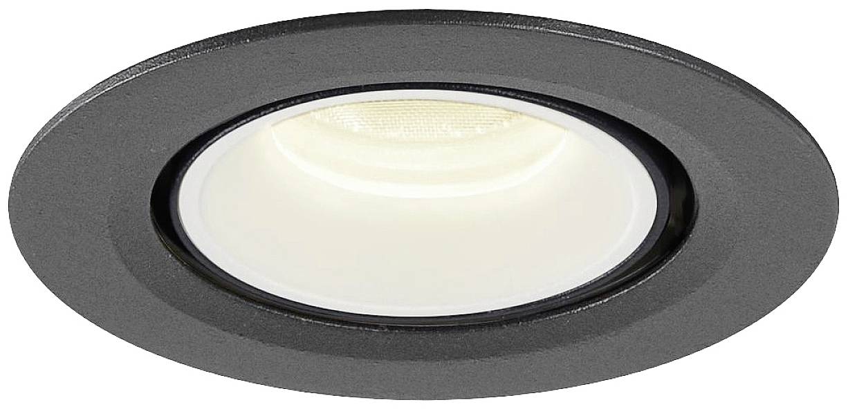 Okrugla, crna stropna rasvjetna tijela s ugrađenom LED lampom koja emitira toplo bijelo svjetlo.