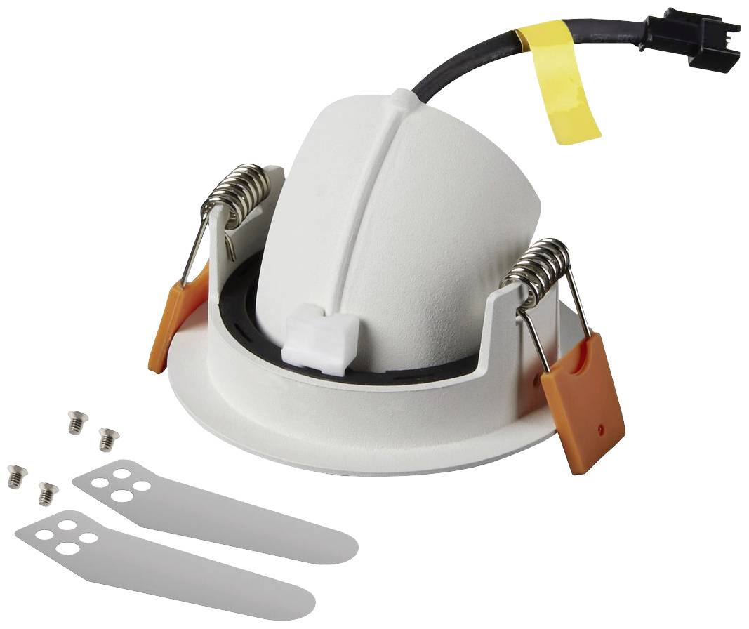 Ugradbeni reflektorski reflektor s bijelim kućištem, dva narančasta kopčanja za učvršćivanje. Pored njega leže dva metalna dijela i četiri vijka.