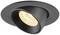 Crna ugradbena stropna svjetiljka s okretnim spots reflektorom emitira toplo svjetlo. Pogodna je za ciljano osvjetljenje u unutarnjim prostorima.