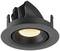 Crna ugradbena svjetiljka okruglog okvira s toplobijelim snopom svjetlosti, podesna za unutarnju rasvjetu.