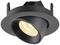 Crni ugradbeni reflektor s okruglim okvirom osvjetljava površinu. Pogodan za ciljano osvjetljenje u modernim interijorima.