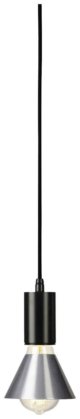 Moderna viseća lampa s crnim kabelom i srebrnim sjenilom koje osvjetljava prema dolje.