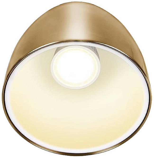 Zlatna, kupolasta stropna lampa s centralnim LED osvjetljenjem koje svijetli prema dolje.