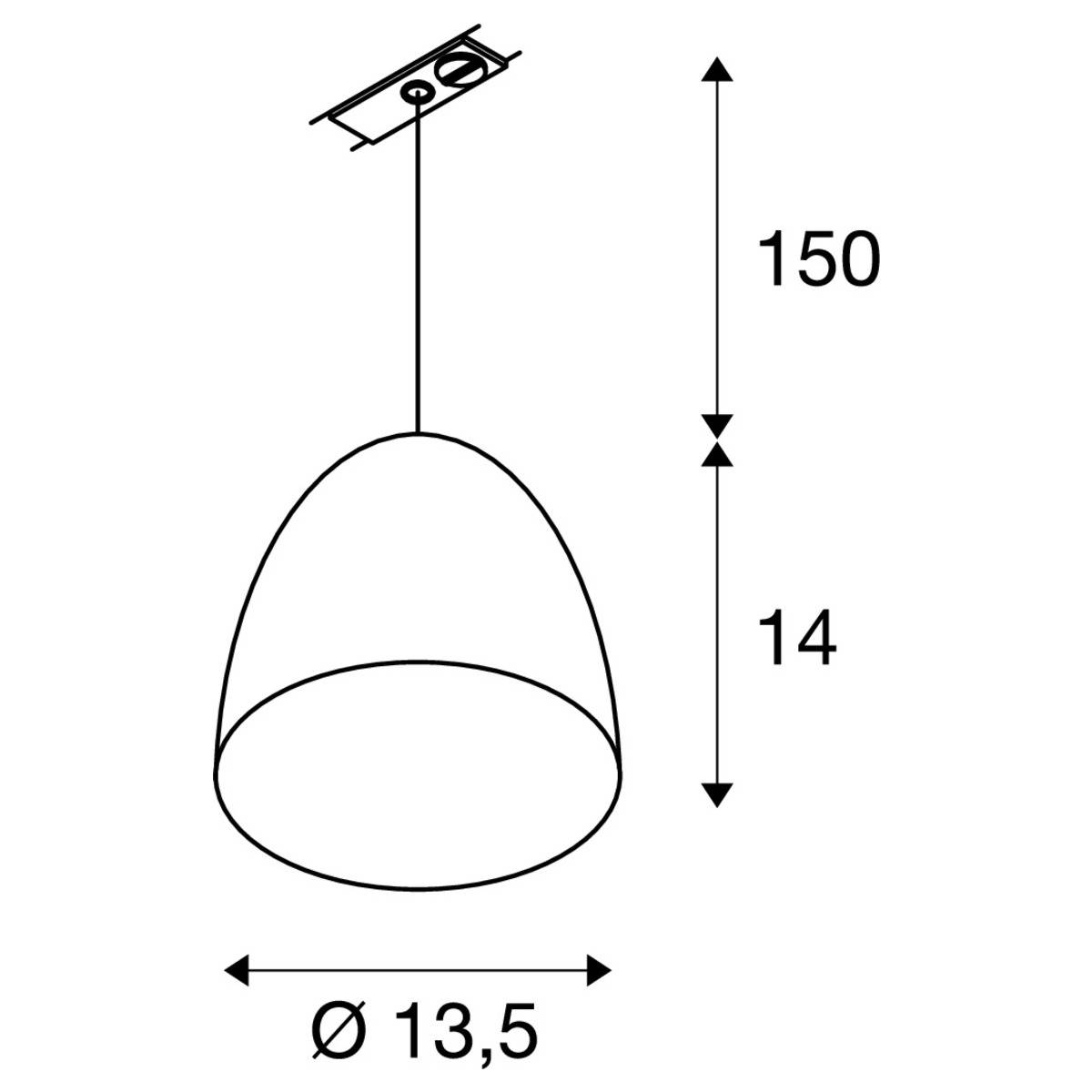 Linijski nacrt viseće lampe s mjerama: ukupna duljina 150 cm, visina sjenila 14 cm, promjer 13,5 cm. Gore dva pričvrsna mjesta.