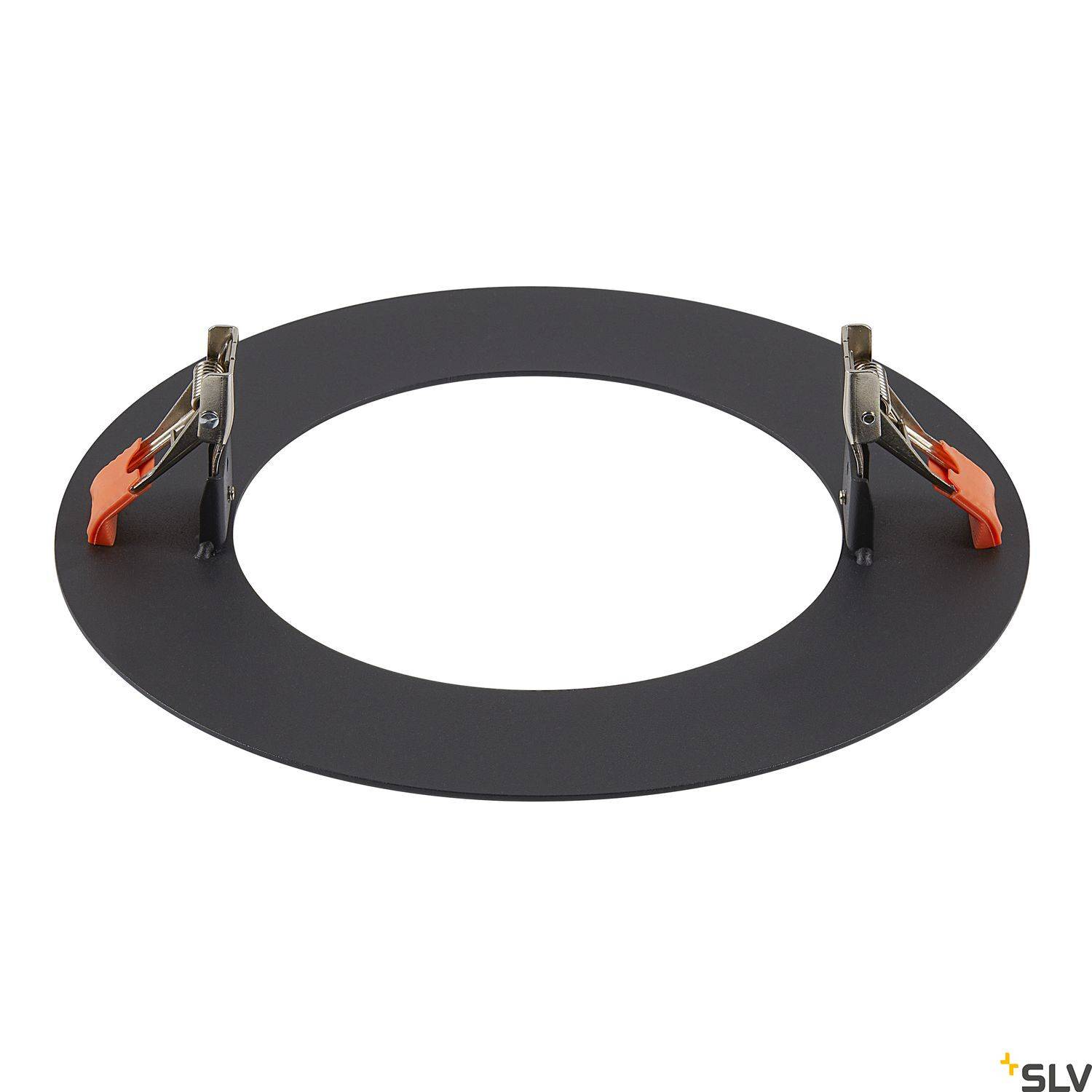 Okrugli, crni prsten lampe s dvije srebrne kopče sa strana. Dizajniran za ugradnju u ugradbena osvjetljenja.