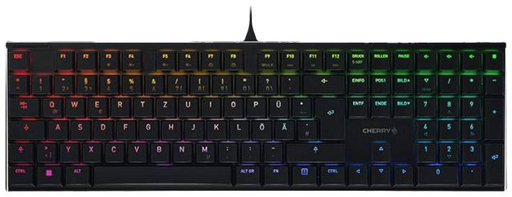 Crna PC tipkovnica s RGB pozadinskim osvjetljenjem. Tipke su raspoređene u QWERTZ rasporedu.