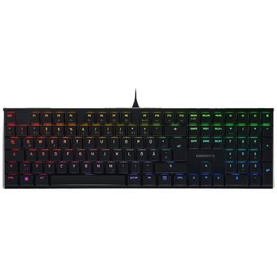 Crna PC tipkovnica s RGB pozadinskim osvjetljenjem. Tipke su raspoređene u QWERTZ rasporedu.