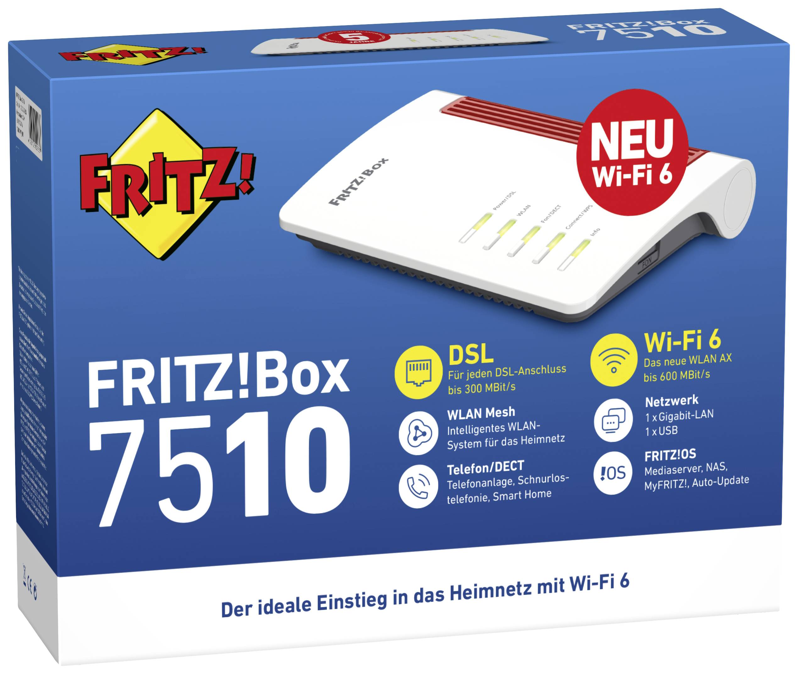 Ambalaža 'FRITZ!Box 7510' s naglaskom na Wi-Fi 6, DSL do 300 Mbit/s, telefon/DECT i mrežne opcije; idealan za kućne mreže.