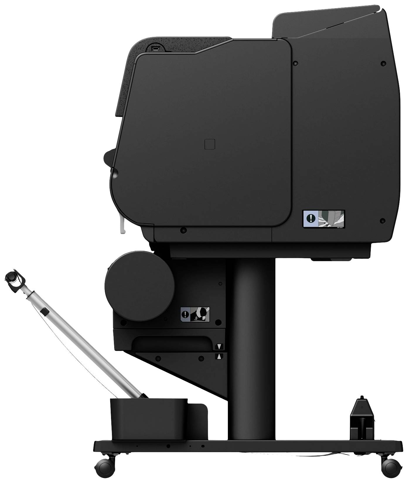 Crni industrijski pisač s mehanizmom valjaka i ladičarom za papir, montiran na kotačima za jednostavno premještanje.