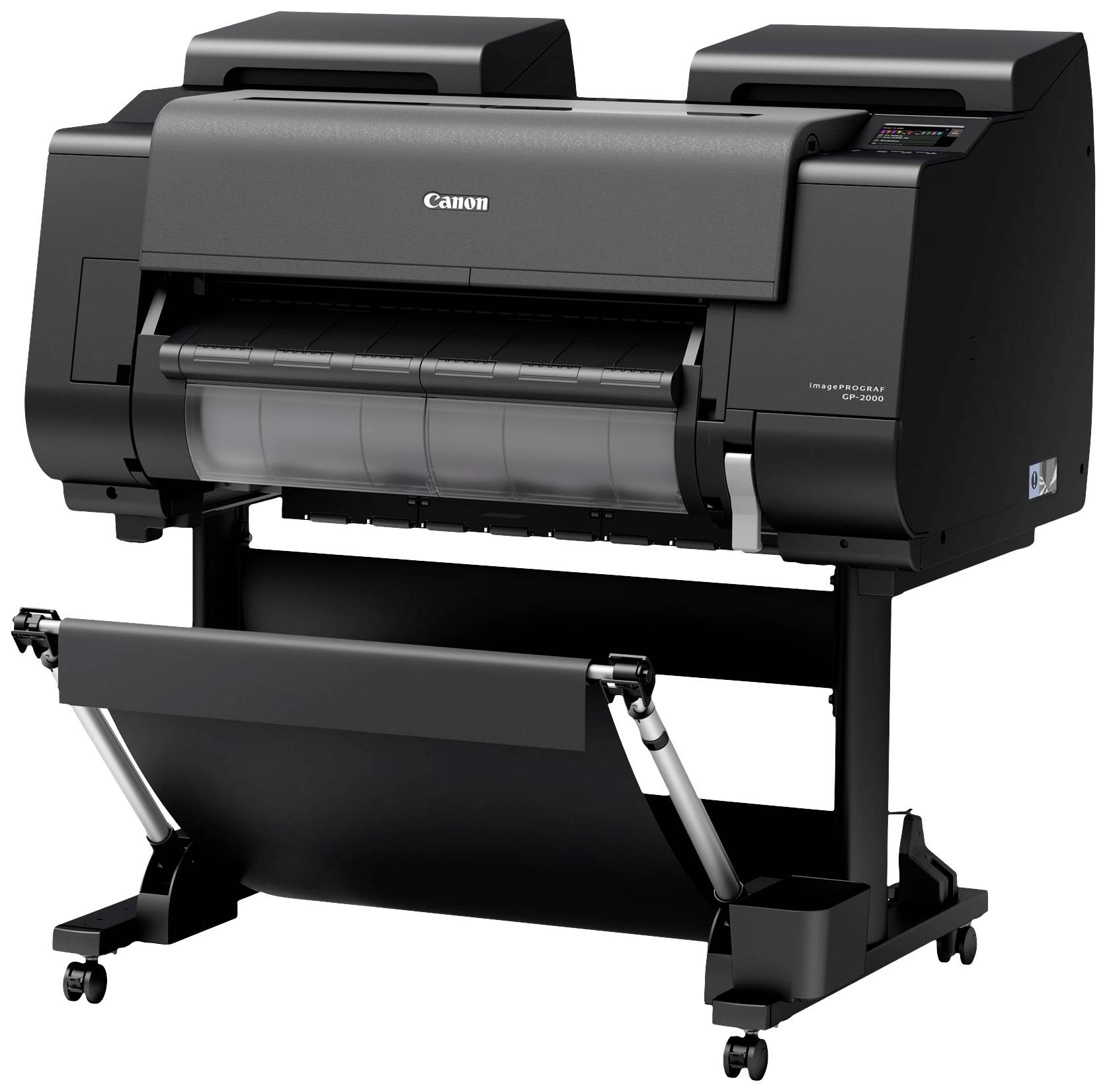 Veliki crni pisač s više ladica za papir i nosačem rolni, pogodan za ispis velikoformatnih dokumenata.