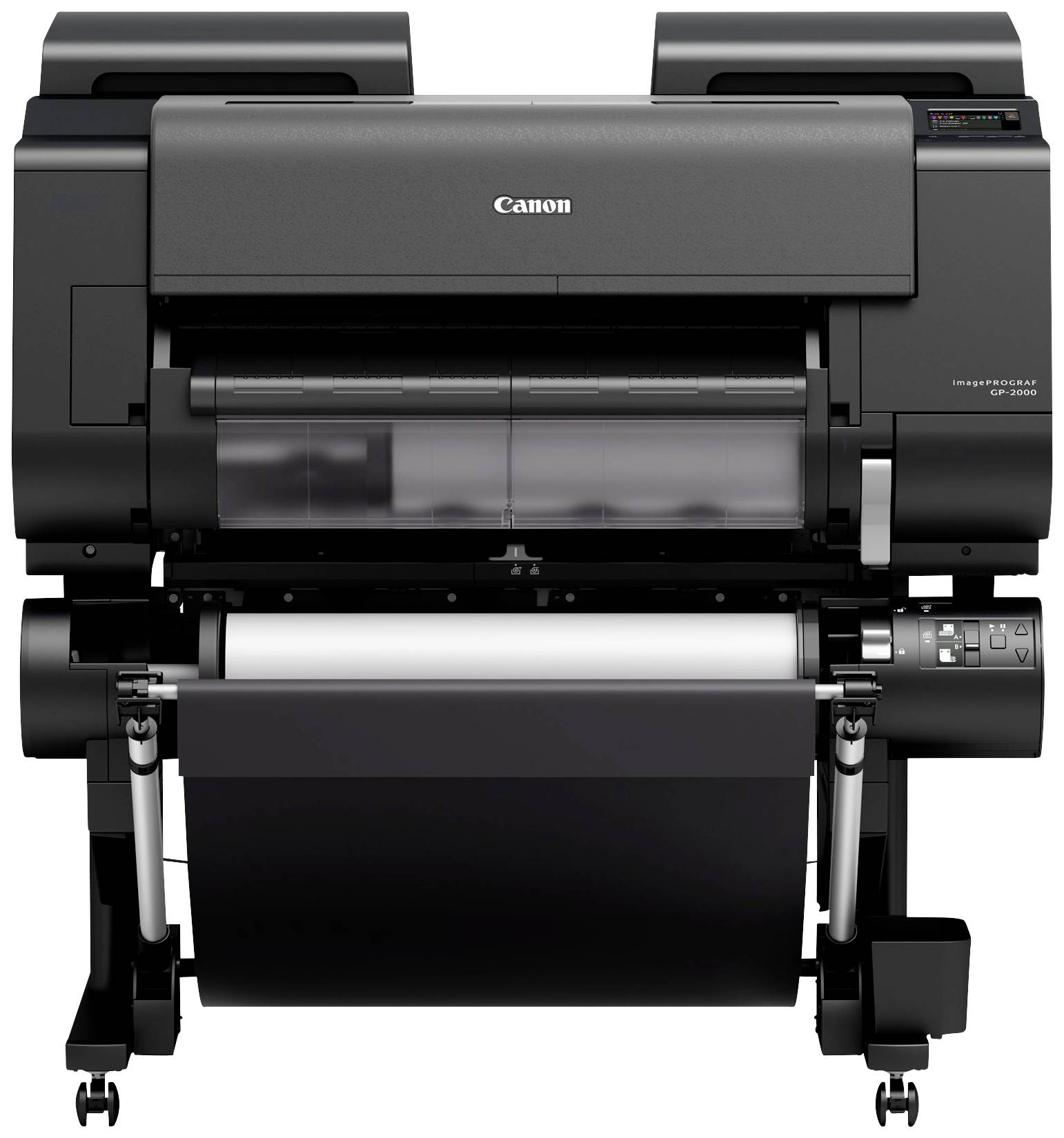 Veliki crni pisač s postoljem za role, pogodan za ispis velikih postera ili planova.