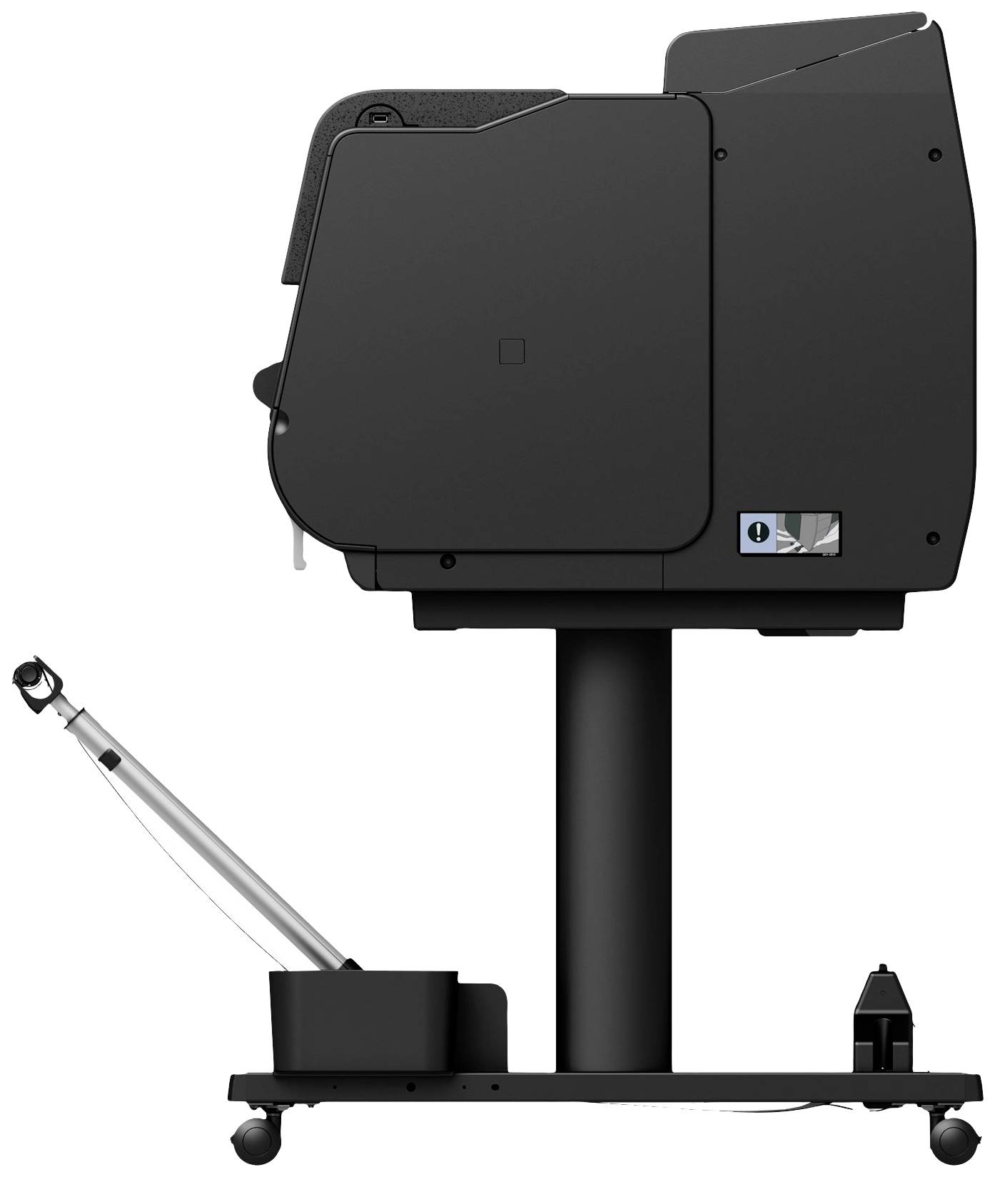 Kompaktan, crni laserski pisač na stalku s kotačima. Desno dolje nalazi se mali zaslon.