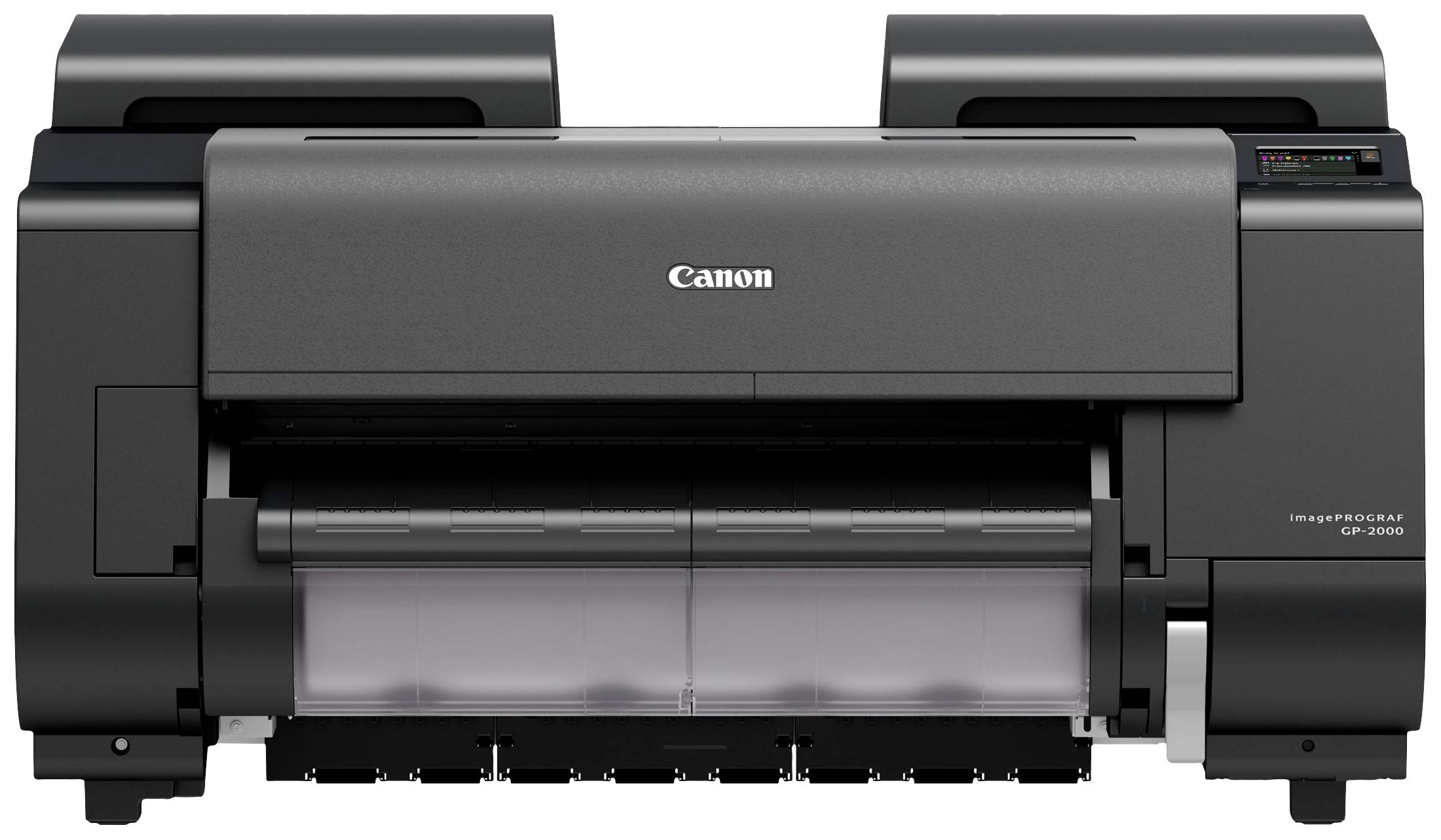 Crni Canon-pisač, model imagePROGRAF GP-2000, s dvije papirne ladice i kontrolnom pločom na desnoj strani.