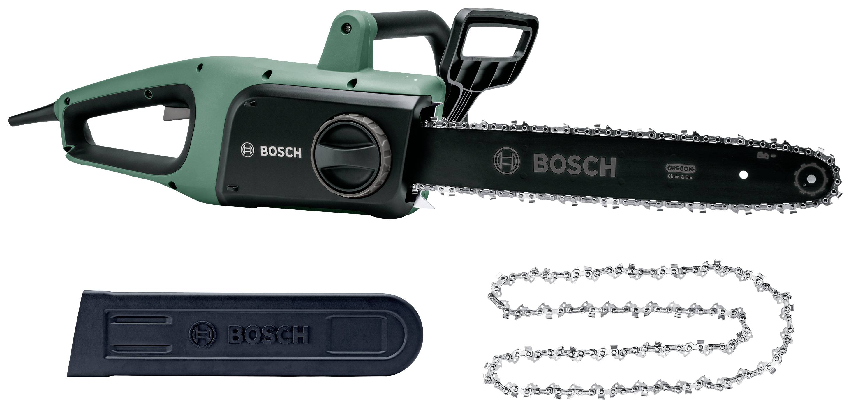 Električna lančana pila Bosch u zelenoj boji sa zaštitnom vodilicom i dodatnim rezervnim lancem. Koristi se za rezanje drva.