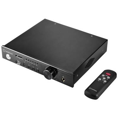 Crni audio procesor s okretnim regulatorom, priključnim utičnicama i daljinskim upravljačem. Nazivi marke i priključci vidljivi sprijeda.
