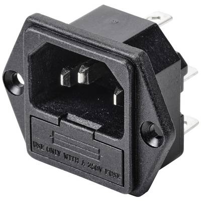 Crni IEC prezentacijski utikač sa nosačem osigurača, pogodan za 250V. Pogodan za priključenje uređaja u električnim aparatima.