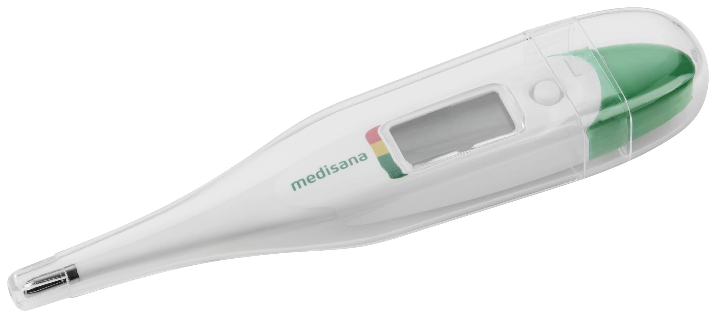 Elektronički toplomjer zeleno-prozirnog dizajna, s logotipom marke 'medisana' u sredini kućišta.