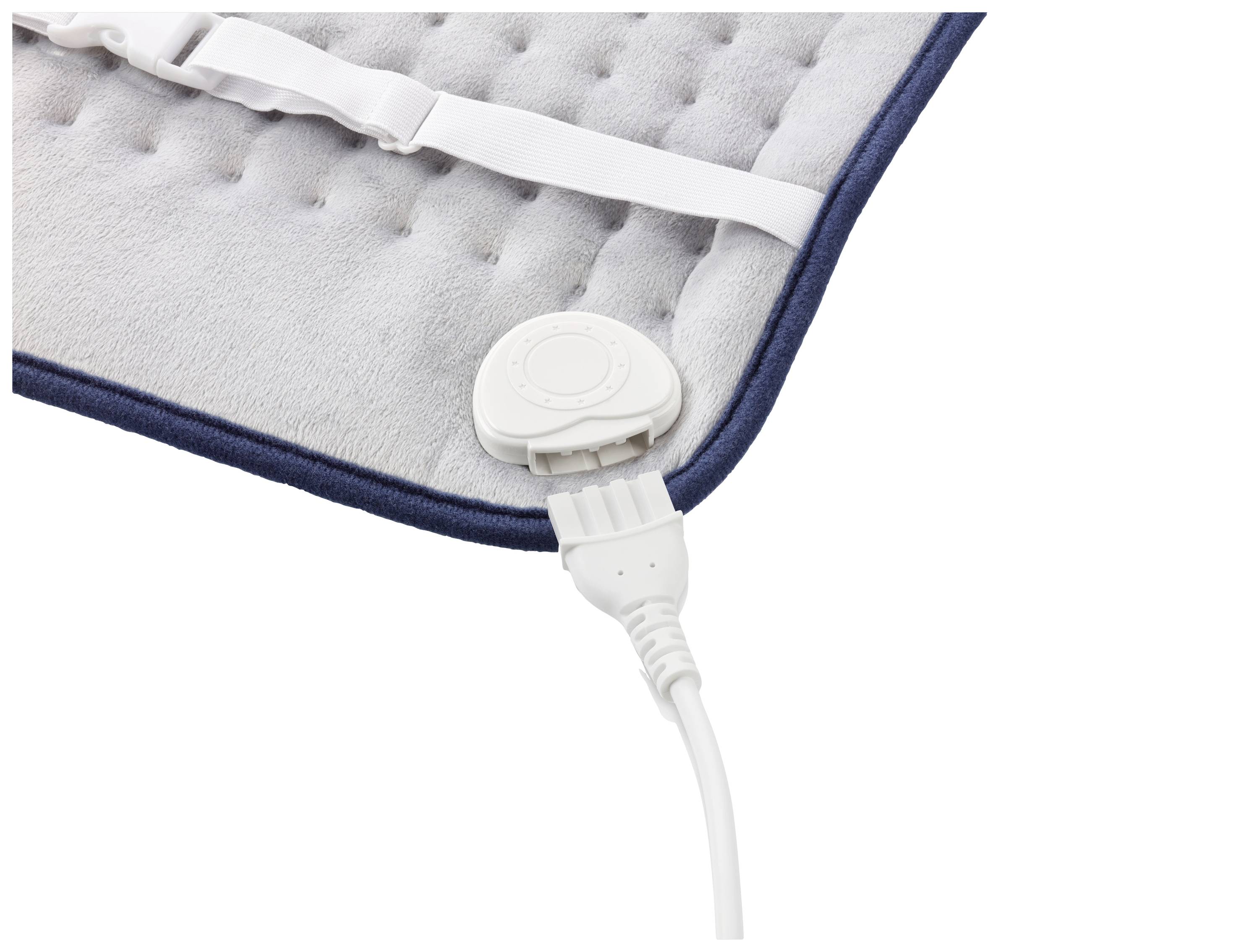 Grijača deka s uklonjivim strujnim kabelom; detaljan pogled na priključak na sivoj tkanini.