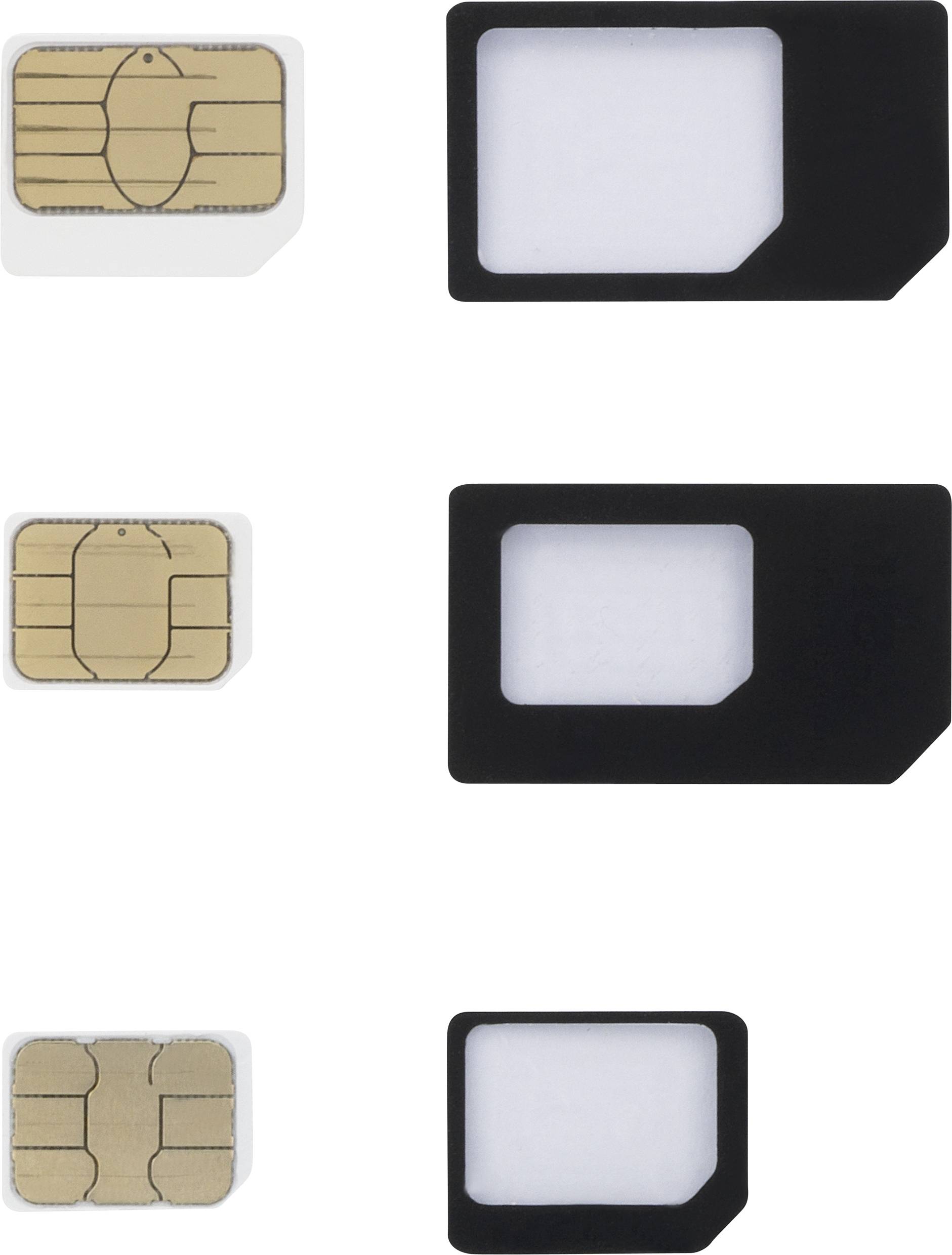 'Tri SIM kartice različitih veličina lijevo i odgovarajući adapteri desno, od Nano-SIM gore do standardne SIM kartice dolje.'