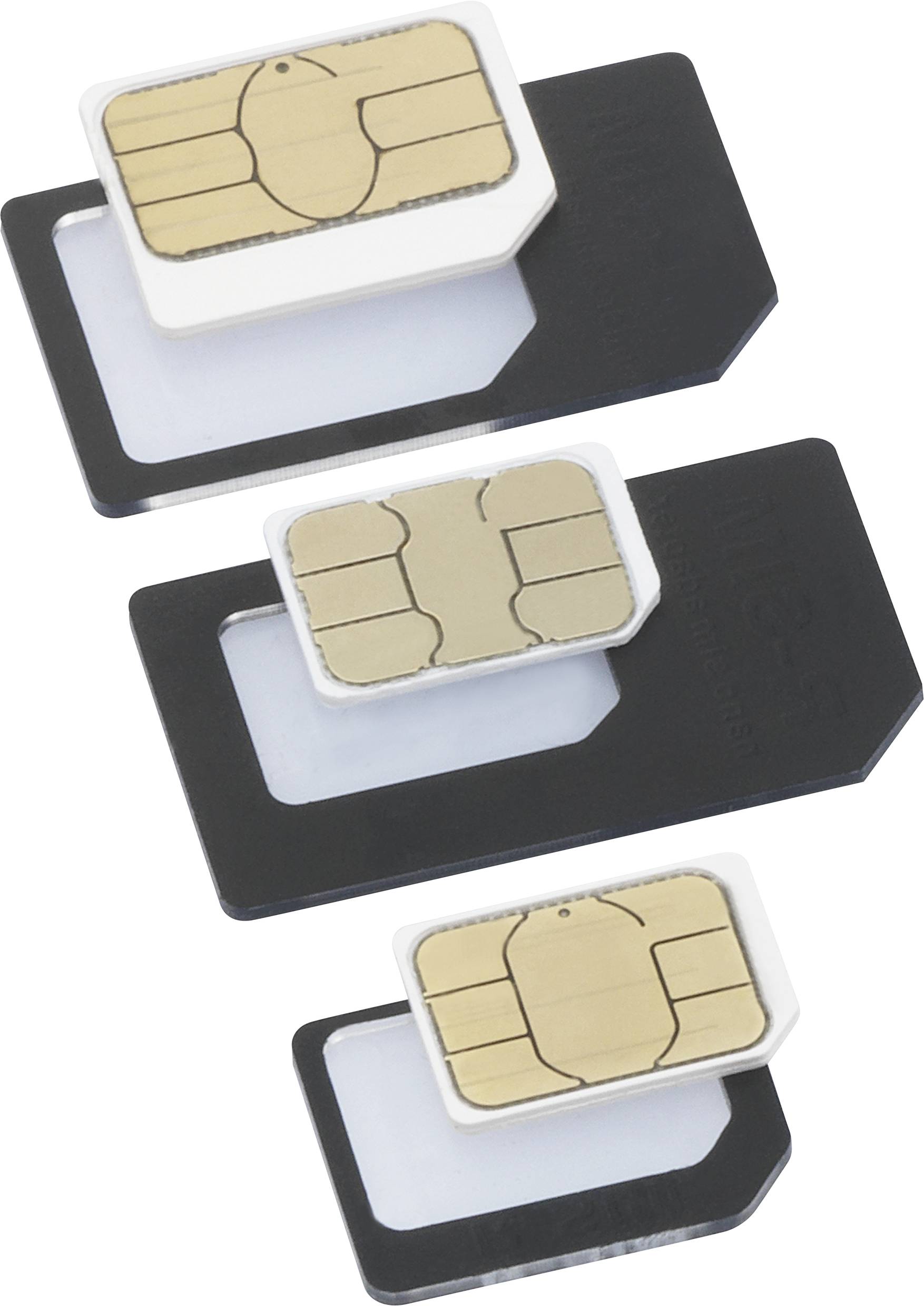 'Tri različite SIM kartice veličina Standard, Micro i Nano, postavljene na crnim pozadinskim adapterima.'