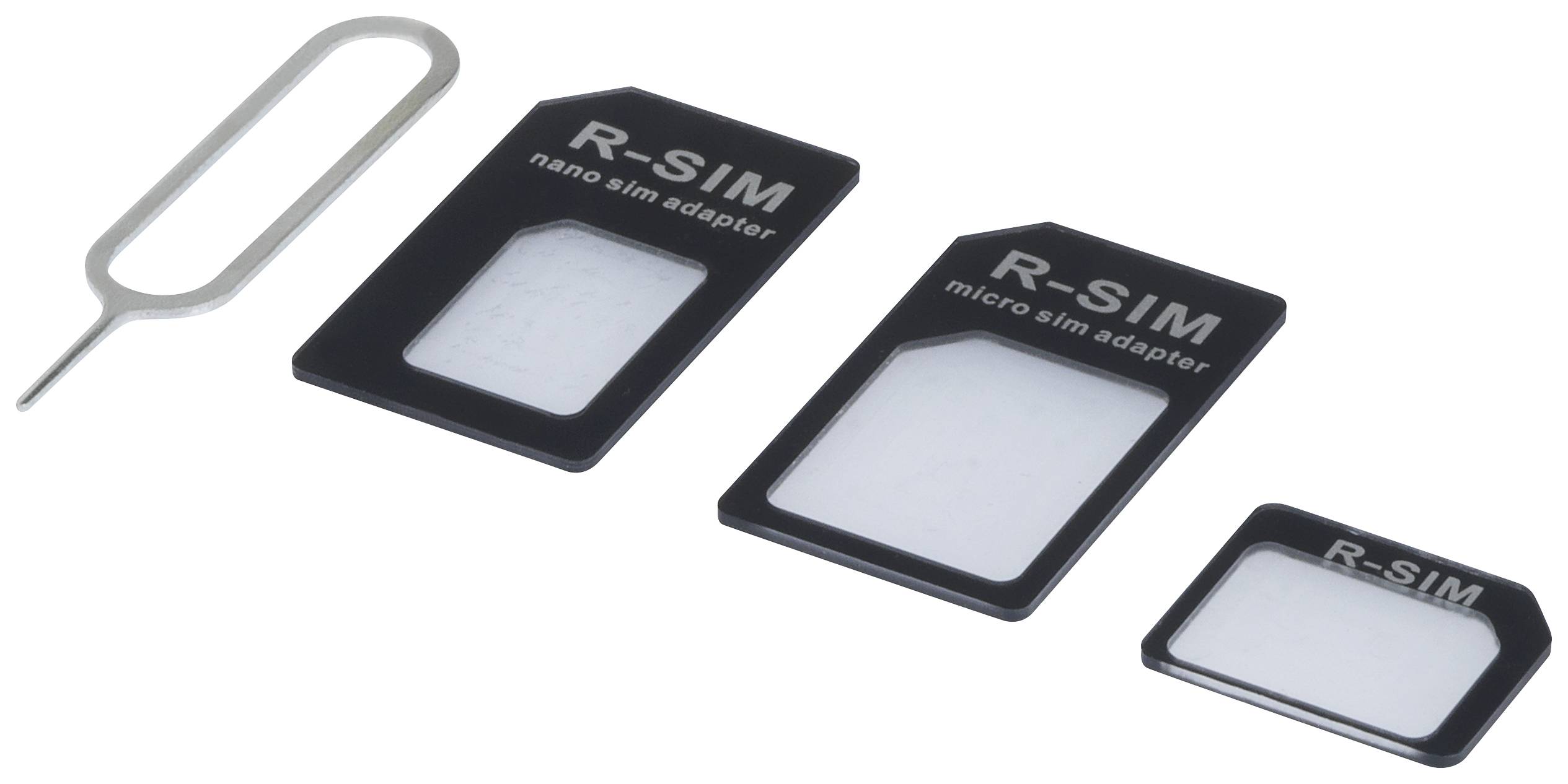 Tri SIM-kartična adaptera i alat za izbacivanje SIM kartice. Adapteri za nano-SIM, micro-SIM i standardnu SIM karticu od R-SIM-a.