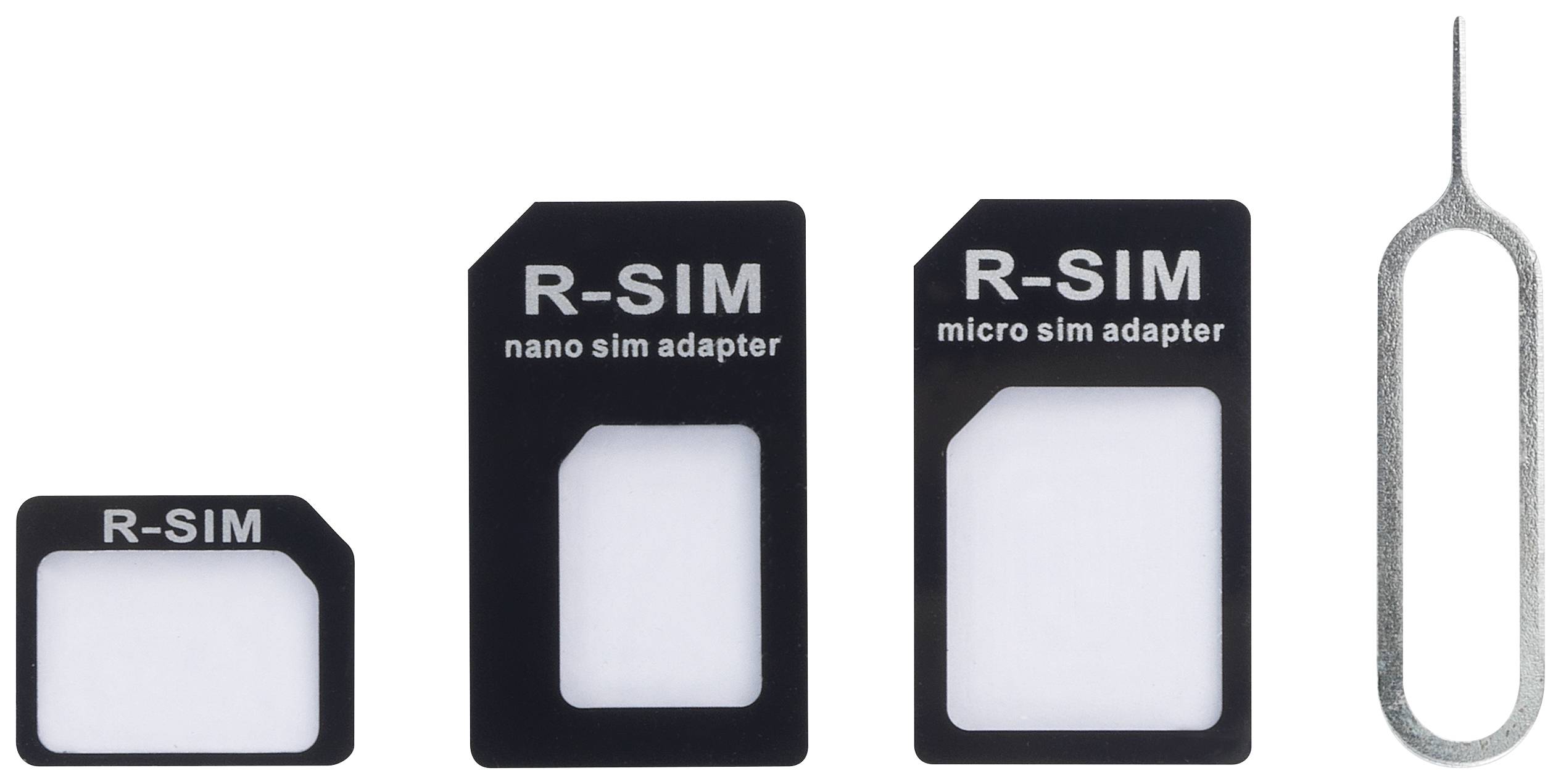 Tri R-SIM adaptera (Nano, Micro) i alat za izbacivanje SIM kartice. Adapteri za prilagodbu veličine SIM kartice za različite uređaje.