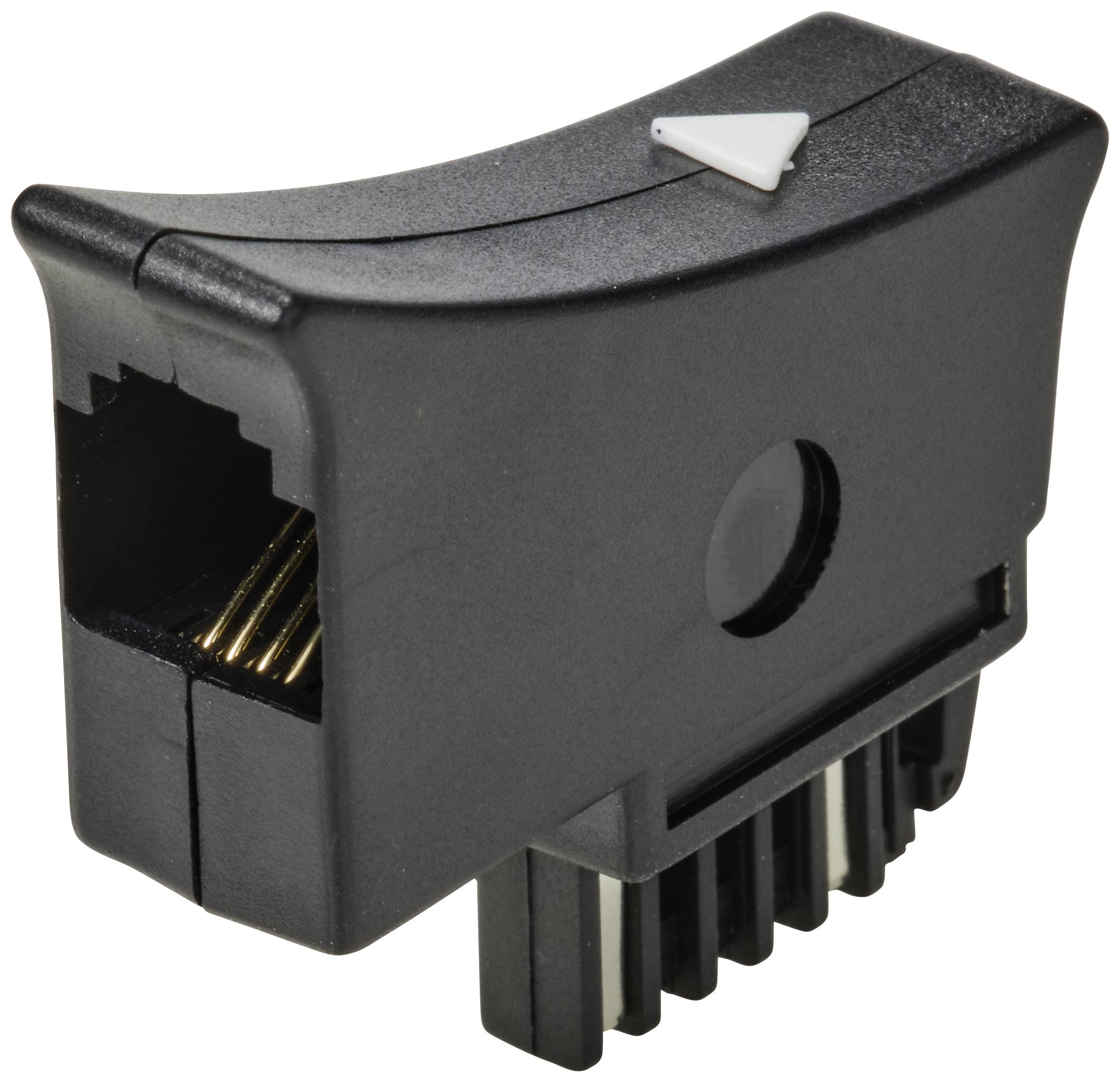 Crni Ethernet adapter sa simbolom strelice, prikazuje priključak za mrežnu vezu s bakrenim kontaktima i plastičnim kućištem.