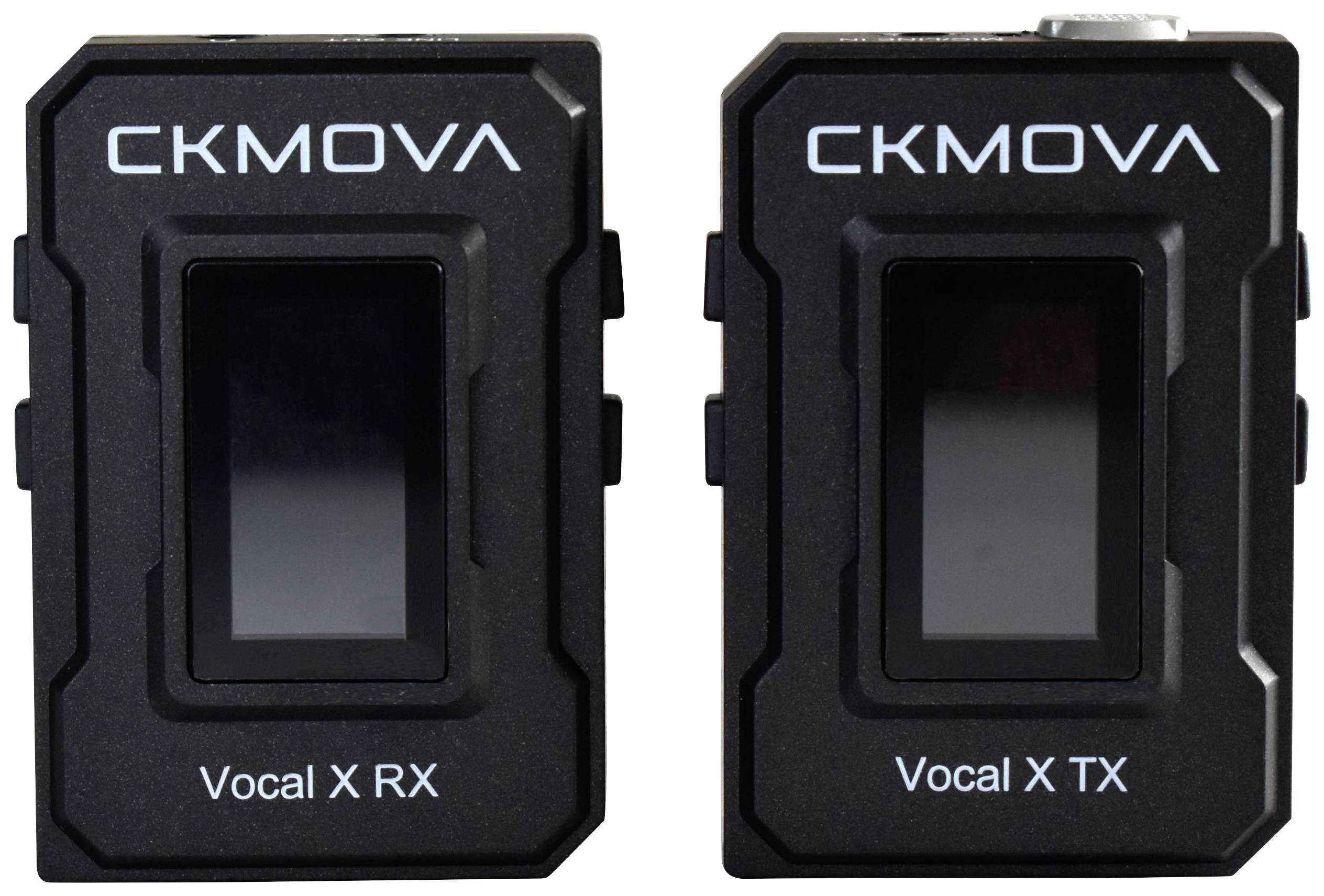 Dva crna bežična mikrofon prijemnika sa zaslonima, označena natpisima 'Vocal X RX' i 'Vocal X TX'.